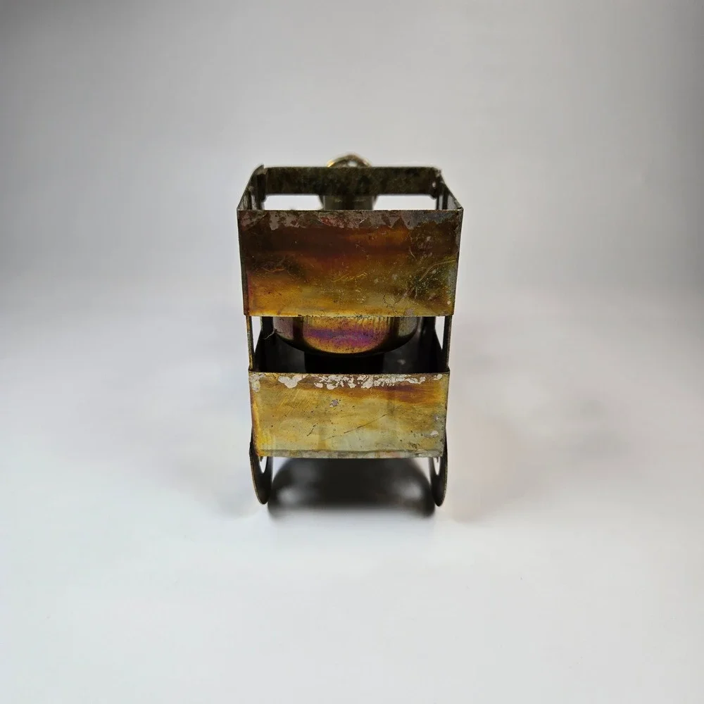 Vintage Metal Tin Train Railroad Engine Candle Holder Patina Copper Brass Tone‎